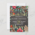 Rustic Chalkboard Winter Floral Christmas Wedding Save The Date<br><div class="desc">Rustic elegant winter wedding stylish save the date template card on dark grey charcoal chalkboard featuring watercolor red and green flowers, winter botanicals, pine cones, and foliage. Personalize with your details! The invitation is suitable for elegant winter rustic country | mountains resort or cottage | floral farmhouse style | December...</div>