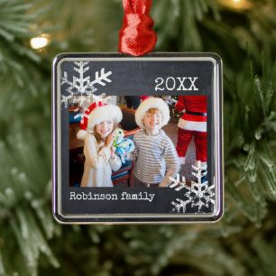 Rustic Chalkboard Winter Snowflake Photo Metal Ornament