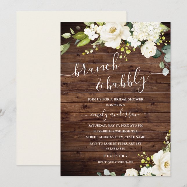 Rustic Champagne Floral Brunch And Bubbly Invitation (Front/Back)