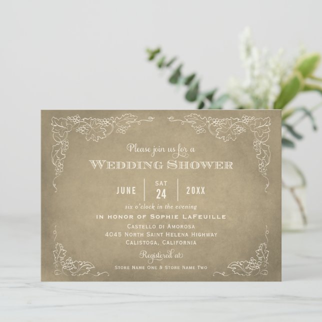Rustic Champagne Gold Vineyard Wedding Shower Invitation (Standing Front)