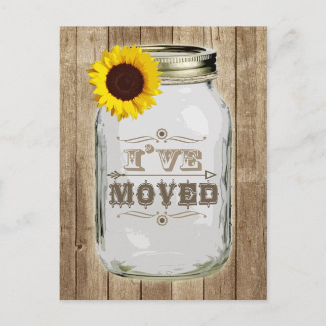 Rustic Change Of Address Mason Jar Sunflower I've Announcement Postcard (Front)
