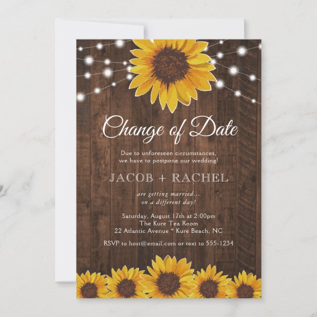 Rustic Change of Date Sunflower Lights Wedding Invitation (Front)