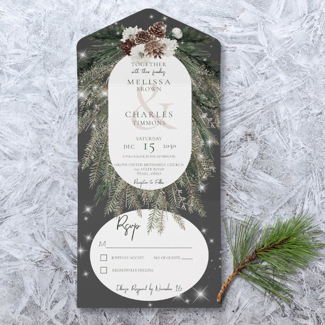 Rustic Charcoal Black Pine Sparkle No Dinner All In One Invitation (Also available with a QR code or with dinner selection options.)