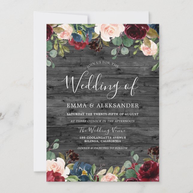 Rustic Charcoal Bois Bourgogne Mariage Invitation (Devant)