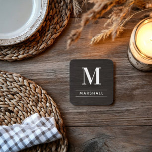 Rustic Charcoal Brown Wood Custom Monogram Initial Coaster