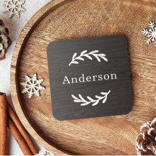 Rustic Charcoal Brown Wood Laurel Custom Monogram Coaster