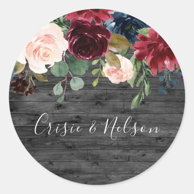 Rustic Charcoal Burgundy Floral Wedding Engagement Classic Round Sticker (Front)