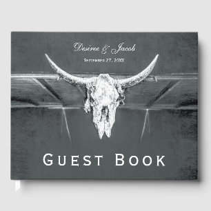 Rustic Charcoal Grey Western Texture Bull Skull Guest Book