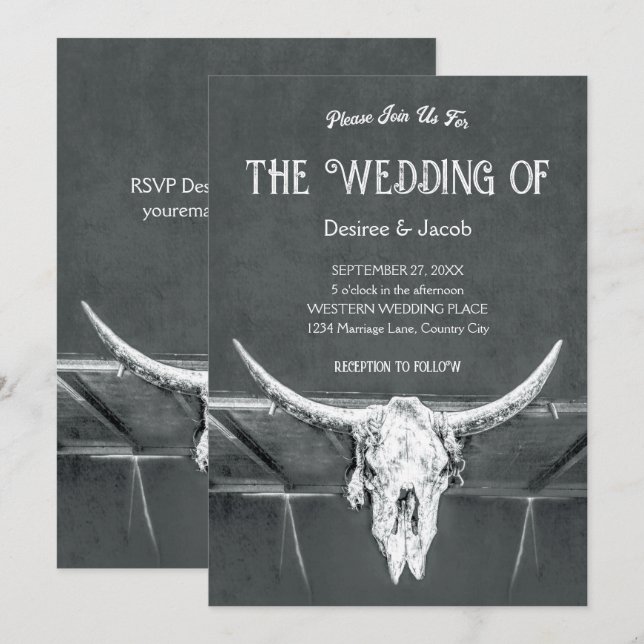 Rustic Charcoal Grey Western Texture Bull Skull Invitation (Front/Back)