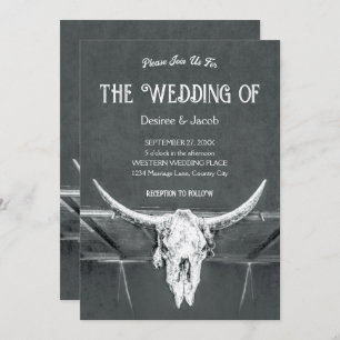 Rustic Charcoal Grey Western Texture Bull Skull Invitation