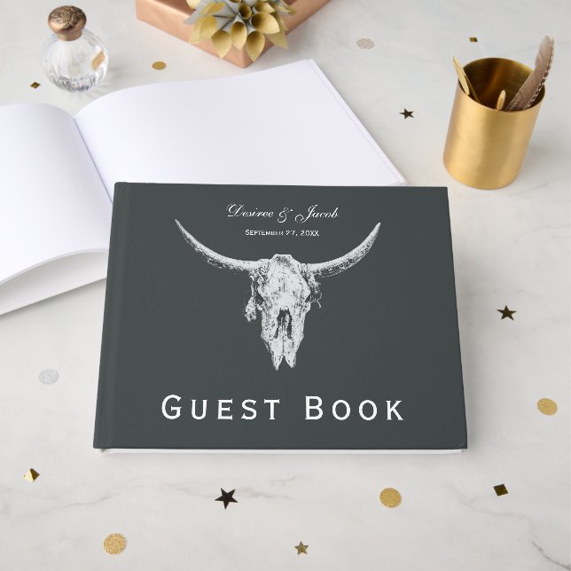 Rustic Charcoal Grey White Western Cow Skull Guest Book (Front Open)