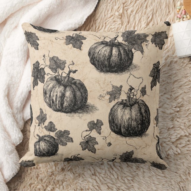 Rustic Charcoal Pumpkin and Vine Fall Throw Pillow (Blanket)