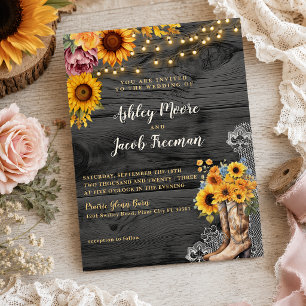 Rustic Charcoal Sunflower Cowboy Boots Wedding Invitation