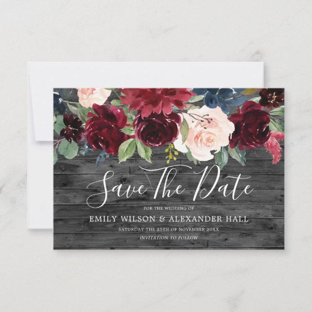 Rustic Charcoal Wood Burgundy Flowers Wedding Save The Date (Front)
