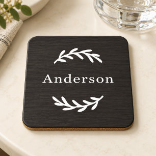 Rustic Charcoal Wood Laurel Monogram Name Coaster