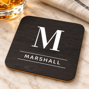 Rustic Charcoal Wood Serif Monogram Name Coaster