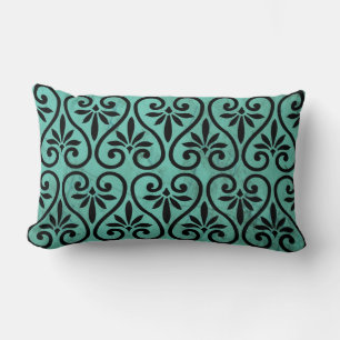 Rustic Charm Aqua and Black Floral Swirls Grunge Lumbar Pillow