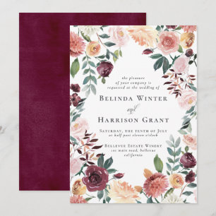 Rustic Charm Burgundy Blush Floral Garden Wedding Invitation