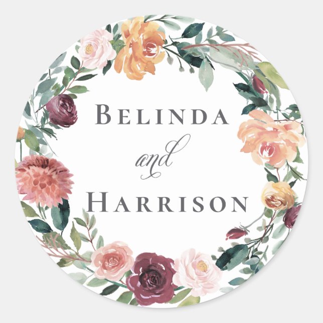 Rustic Charm Burgundy Blush Pink Floral Wedding Classic Round Sticker (Front)