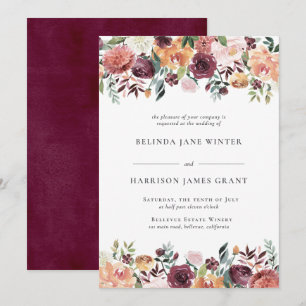 Rustic Charm Burgundy Blush Pink Floral Wedding Invitation