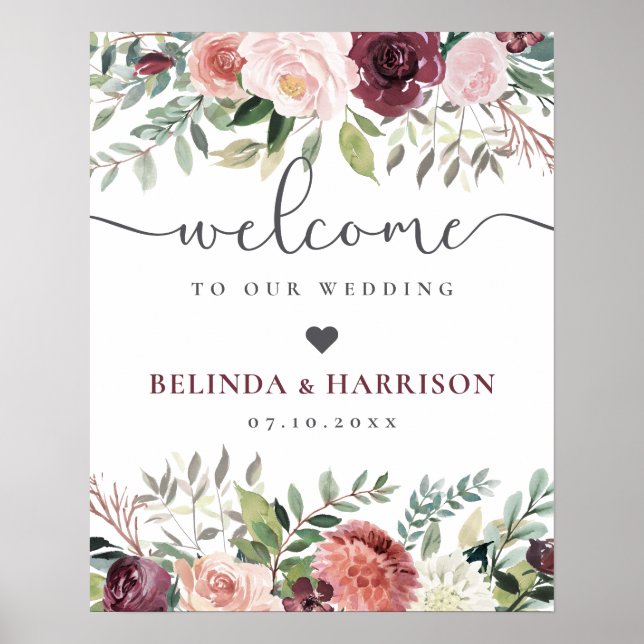 Rustic Charm Burgundy Blush Pink Floral Wedding Poster (Front)