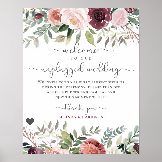 Rustic Charm Burgundy Blush Pink Floral Wedding Poster (Front)