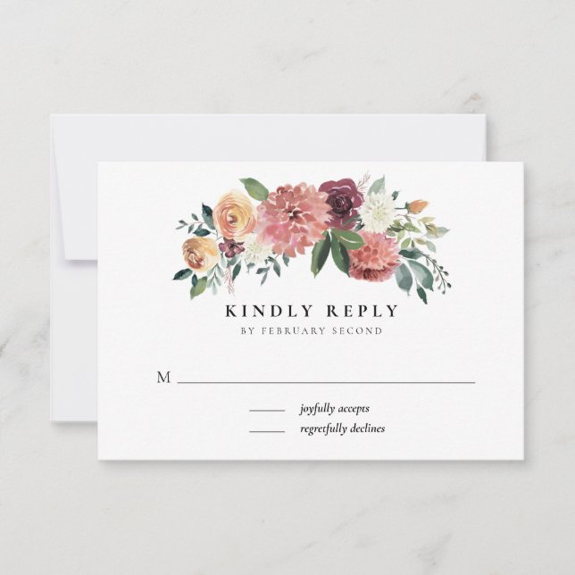 Rustic Charm Burgundy Pink Floral Wedding RSVP (Front)
