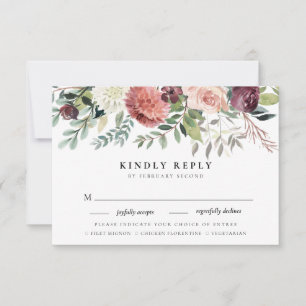 Rustic Charm Burgundy Pink Floral Wedding RSVP Card