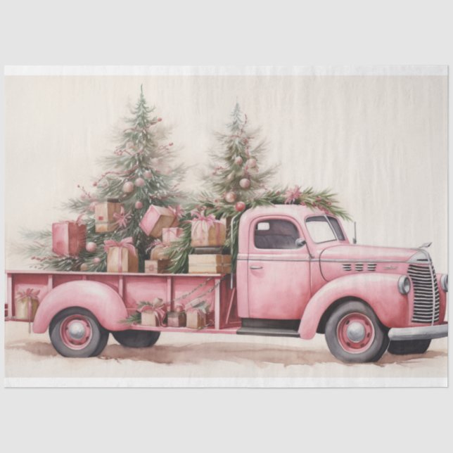 Rustic Charm: Christmas Tree Farm Pink Truck Tissue Paper (Front)