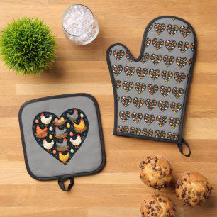 Rustic Charm Cottagecore Farm Chicken Pattern Oven Mitt & Pot Holder Set