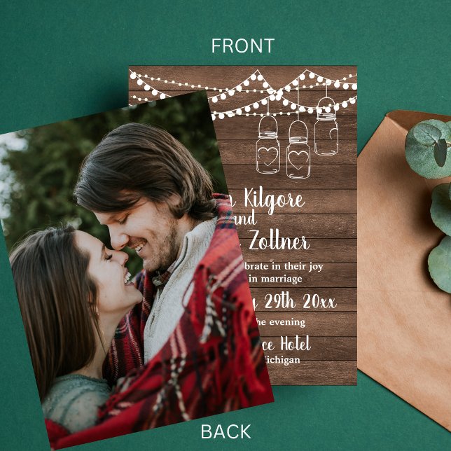 Rustic Charm Mason Jar String Lights Photo Wedding Invitation (Creator Uploaded)