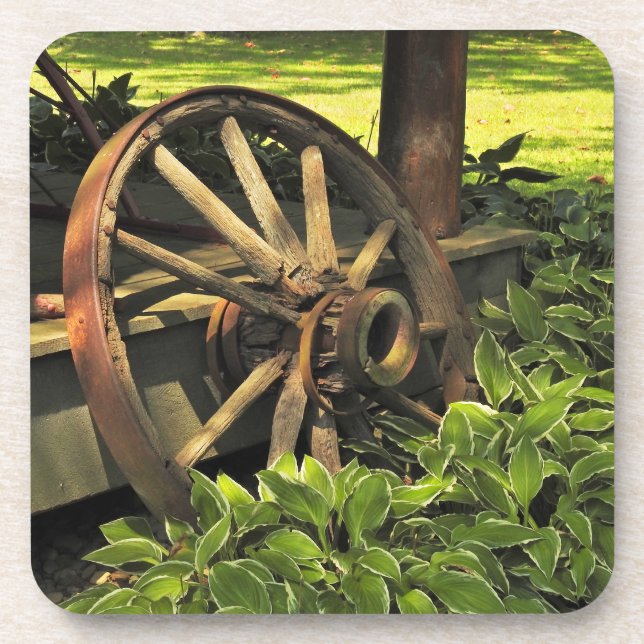Rustic Charm – Weathered Wagon Wheel Photography Coaster (Front)