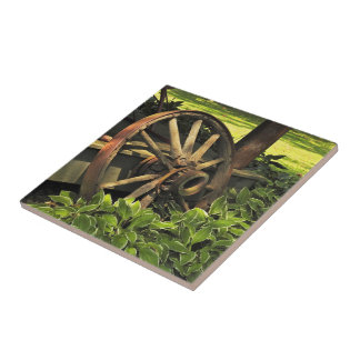 Rustic Charm – Weathered Wagon Wheel Photography Tile