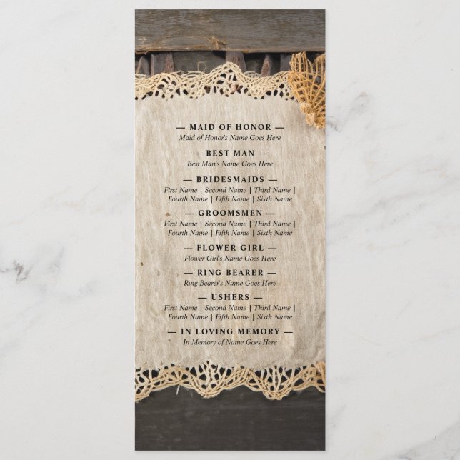 Rustic Charm Wedding Burlap & Lace Barn Wood Program (Back)
