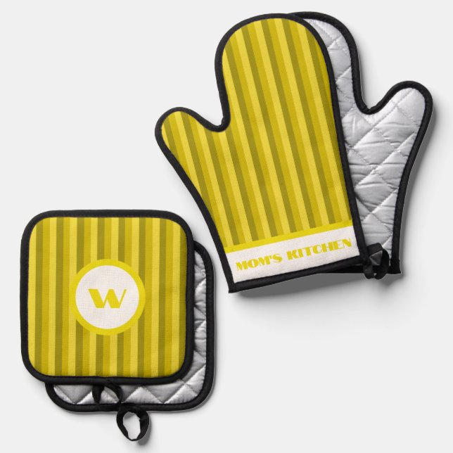 Rustic Charm Yellow Striped Oven Mitt & Pot Holder Set (Front/Back)
