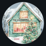 Rustic Charming Christmas Scene Tree Snow  Classic Round Sticker<br><div class="desc">Festive Rustic Christmas Scene Tree Snow stickers will add a special touch to gifts,  cards and favours.  Any design questions,  just send a chat and we'll be delighted to assist.</div>