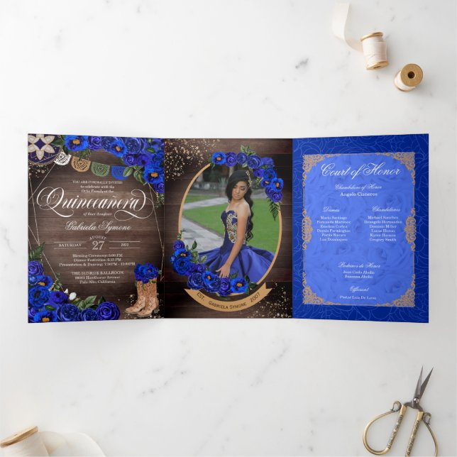 Rustic Charro Royal Blue Roses Country Quinceañera Tri-Fold Invitation (Inside)