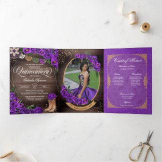 Rustic Charro Royal Purple Roses Quinceañera Tri-Fold Invitation