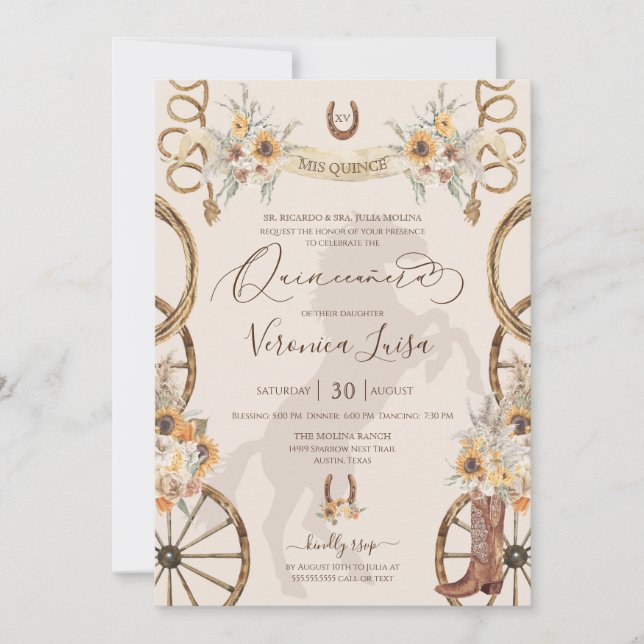 Rustic Charro Sunflowers & Boho Floral Quinceanera Invitation (Front)