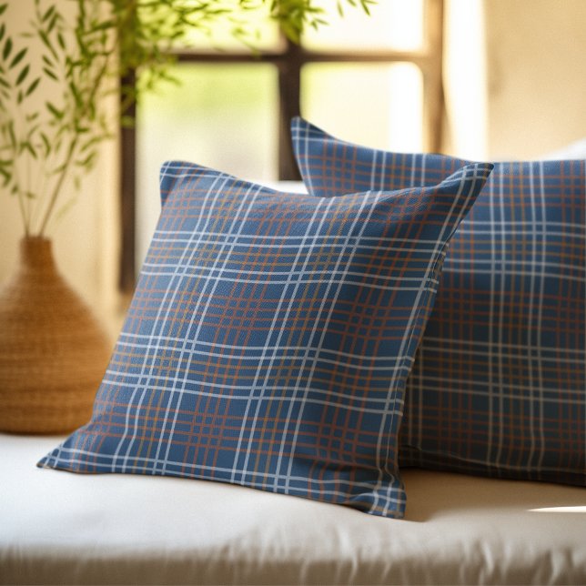 Rustic Checkered Pattern Plaid Fabric Blue Navy Throw Pillow (Creator Uploaded)