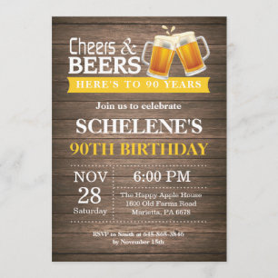 Rustic Cheers and Beers 90th Birthday Invitation