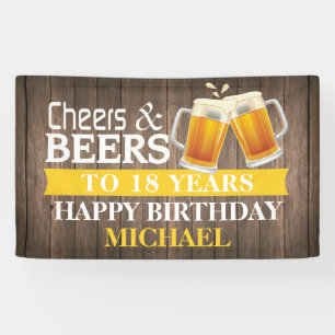 Rustic Cheers and Beers Happy 18th Birthday Yellow Banner
