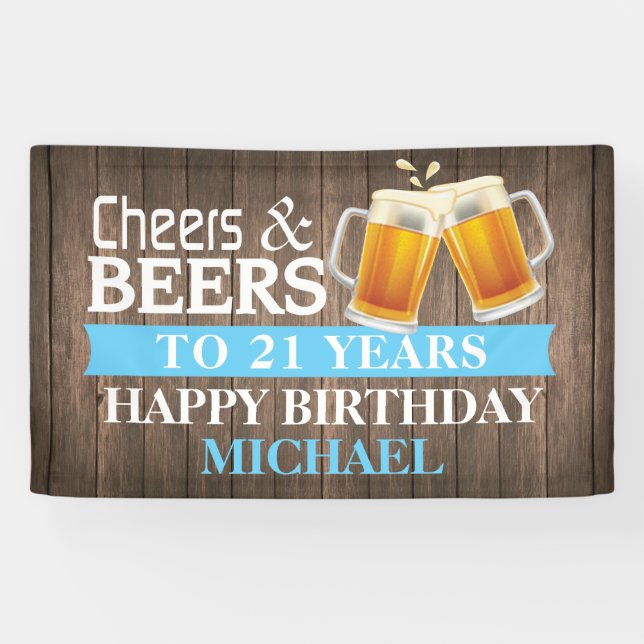 Rustic Cheers and Beers Happy 21st Birthday Blue Banner (Horizontal)