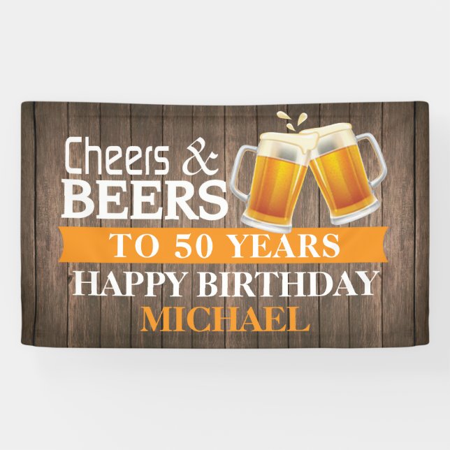 Rustic Cheers and Beers Happy 50th Birthday Orange Banner (Horizontal)