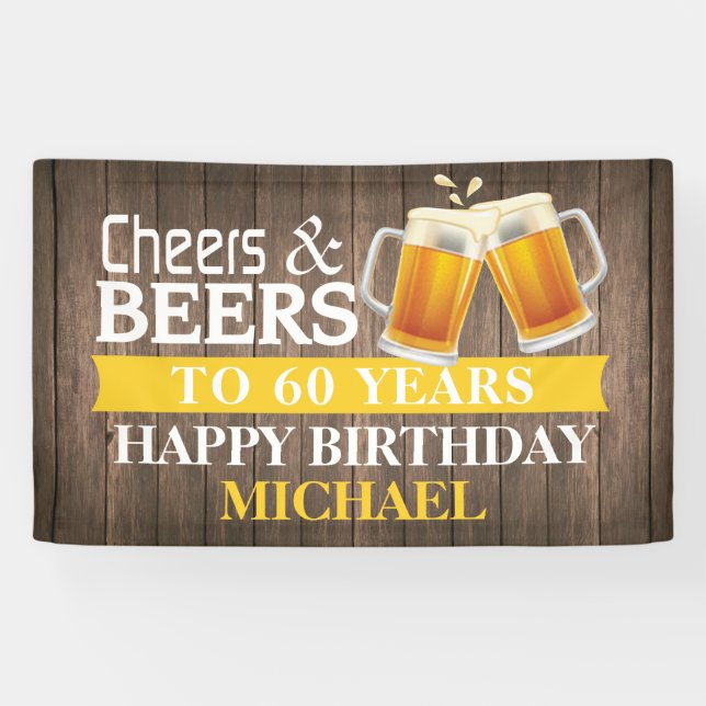 Rustic Cheers and Beers Happy 60th Birthday Yellow Banner (Horizontal)