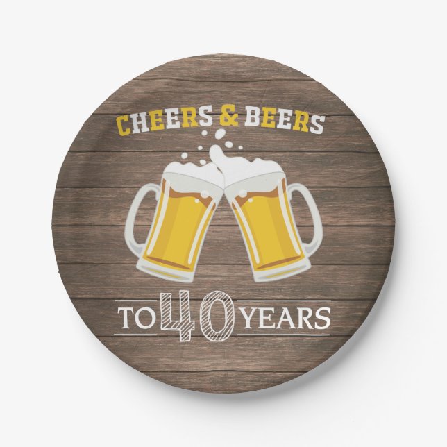 Rustic Cheers and Beers to 40 Years Paper Plate (Front)