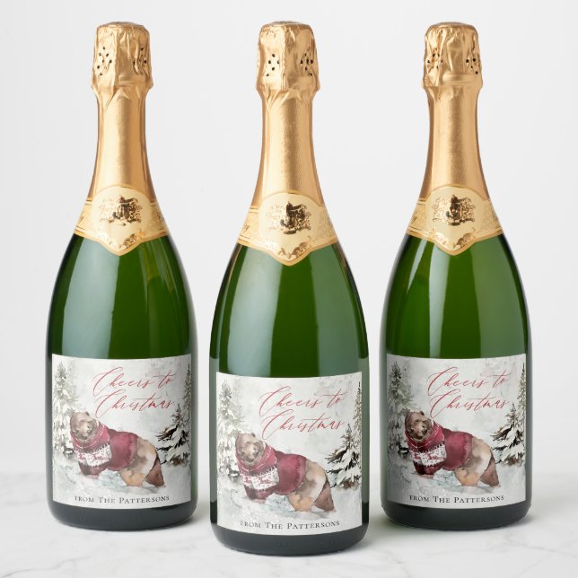 Rustic Cheers to Christmas Winter Scene Sparkling Wine Label (Bottles)