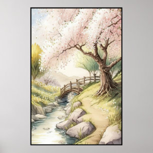 Rustic Cherry Blossom in Sunset Light Landscape Po Poster
