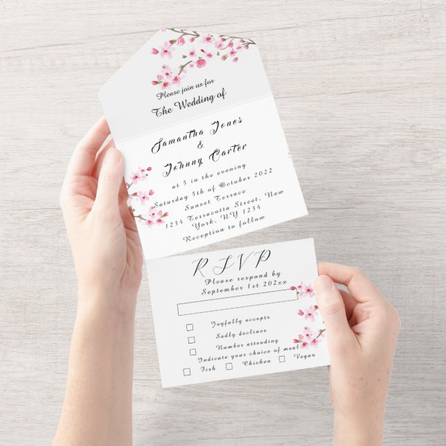 Rustic Cherry Blossom Japanese Pink Flowers Sakura All In One Invitation (Tearaway)