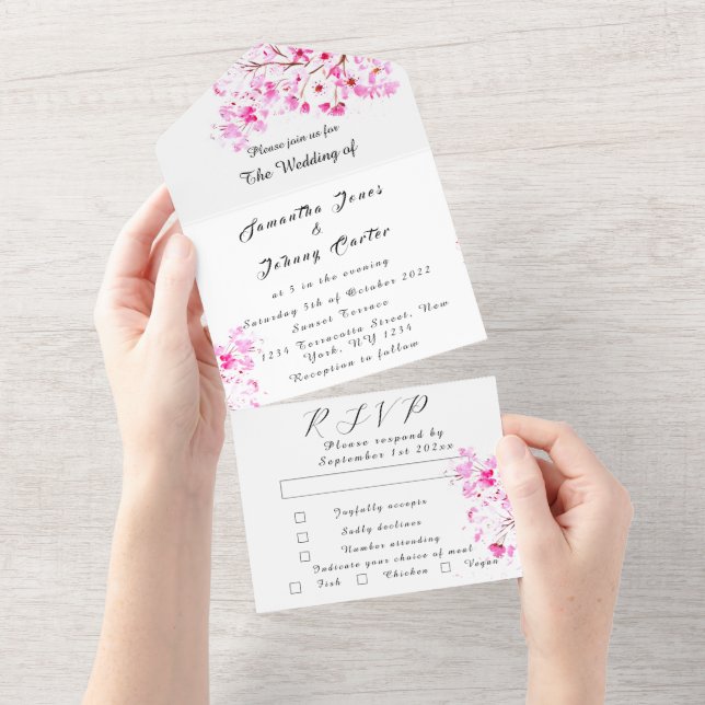 Rustic Cherry Blossom Japanese Pink Flowers Sakura All In One Invitation (Tearaway)